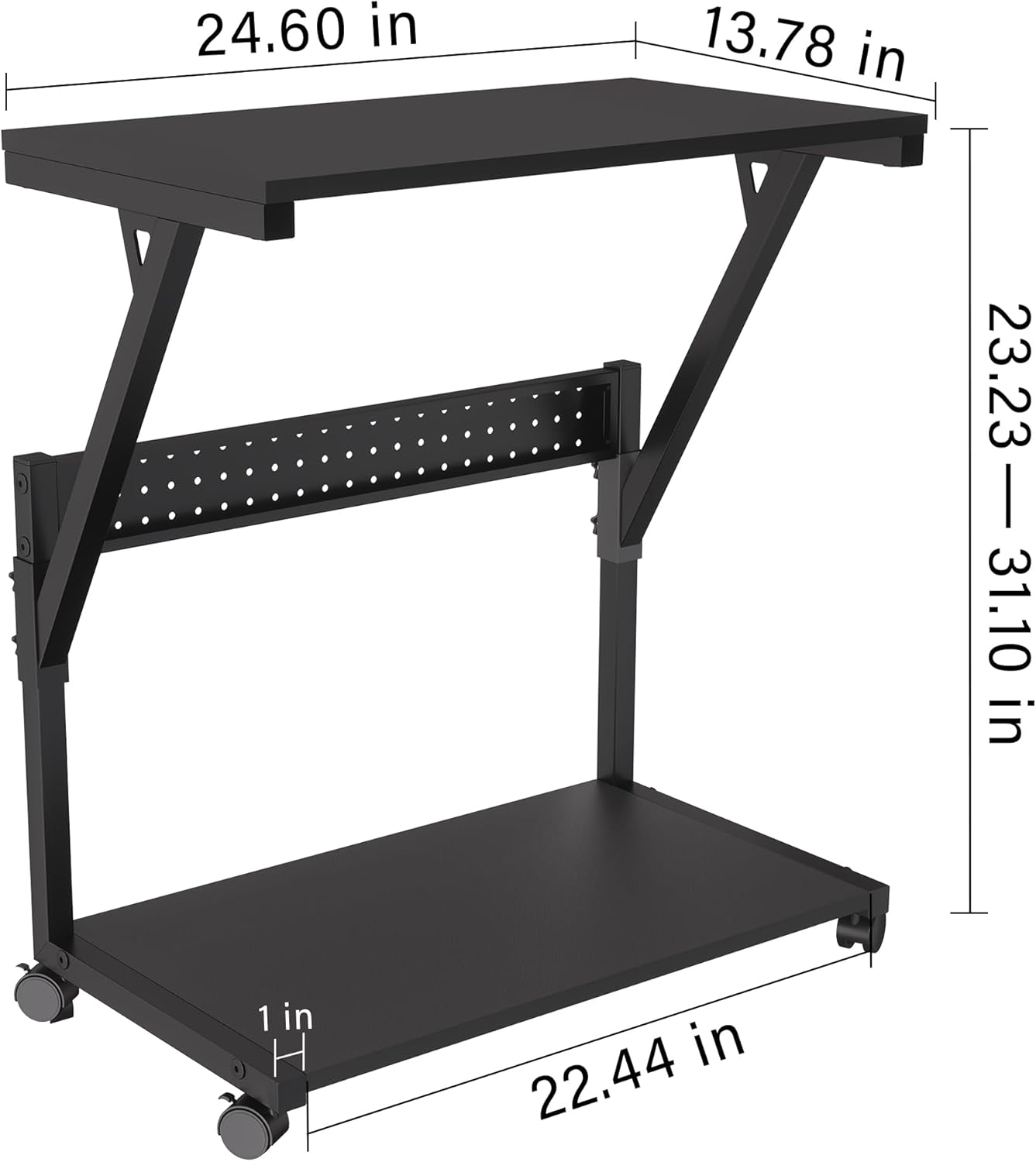 Computer Tower Cart - Height Adjustable PC Stand, 2-Tier ATX-Case CPU Holder Home Office Gaming Desk Accessories with Rolling Lockable Wheels, Laptop Table Standing Computer Desk, Rustic Black