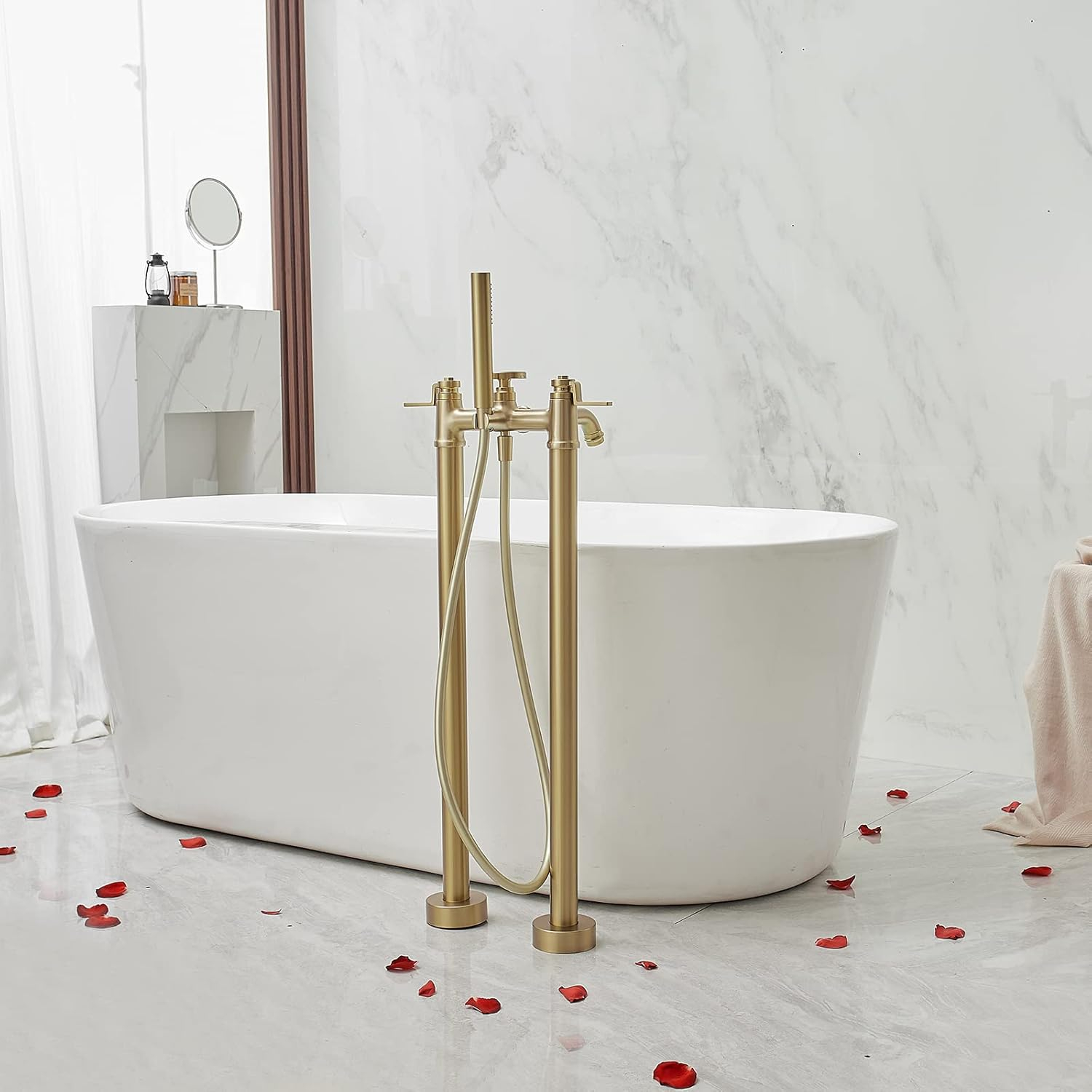 Brushed Gold Solid Brass Freestanding Bathtub Faucet with Handheld Shower
