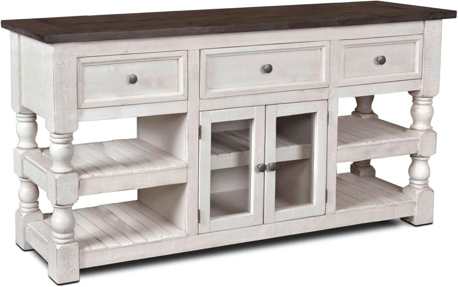 Sunset Trading Stowe Barn Door Console - Media Cabinet - TV Stand - Rustic White and Brown Solid Wood