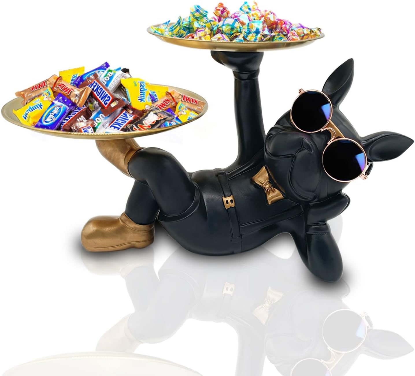 Resin Bulldog Tray Statue, Lying Bulldog Candy Dish Key Holder Bowl, Bulldog Accessories, Statues for Office Desk Home Decor Figurines Entryway Table Decor (Black)