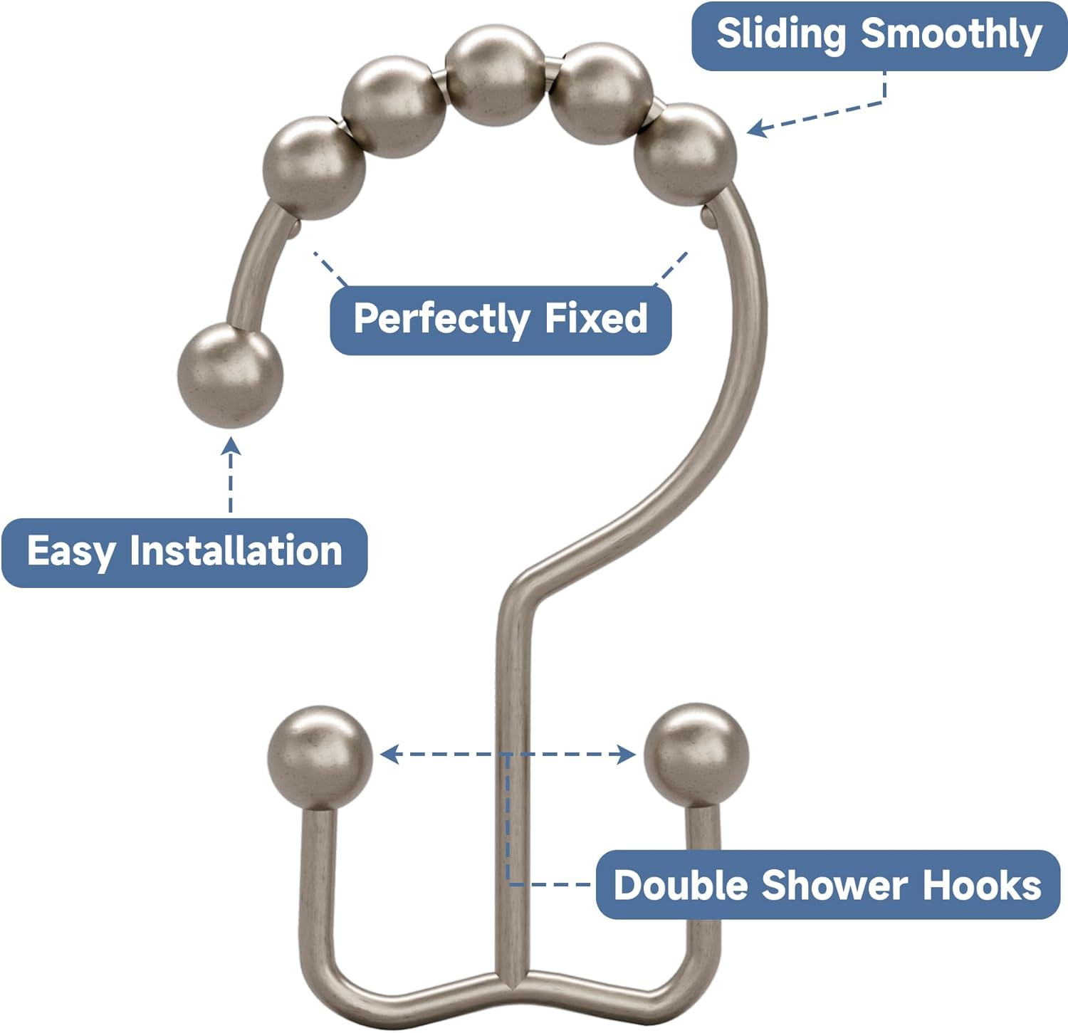 Titanker Shower Curtain Hooks Rings, Rust-Resistant Metal Double Glide Shower Hooks for Bathroom Shower Rods Curtains, Set of 12 Hooks - Matte Nickel