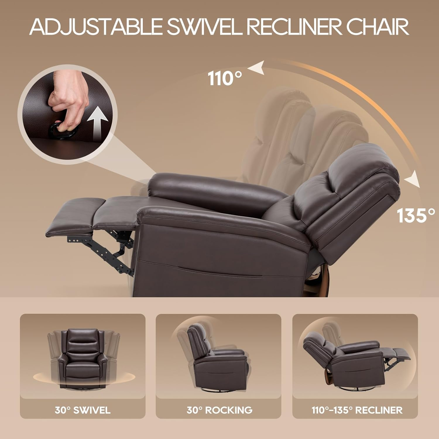 Dark Brown Leather Swivel Recliner with Metal Frame