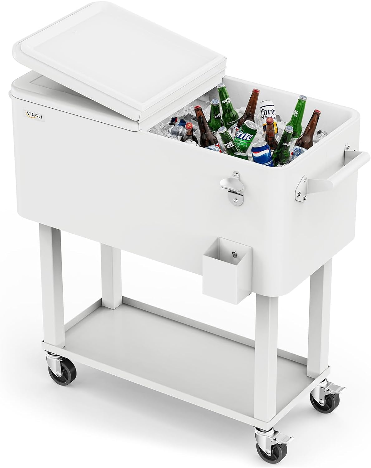 White Iron Rolling Cooler Cart with Shelf and Bottle Opener