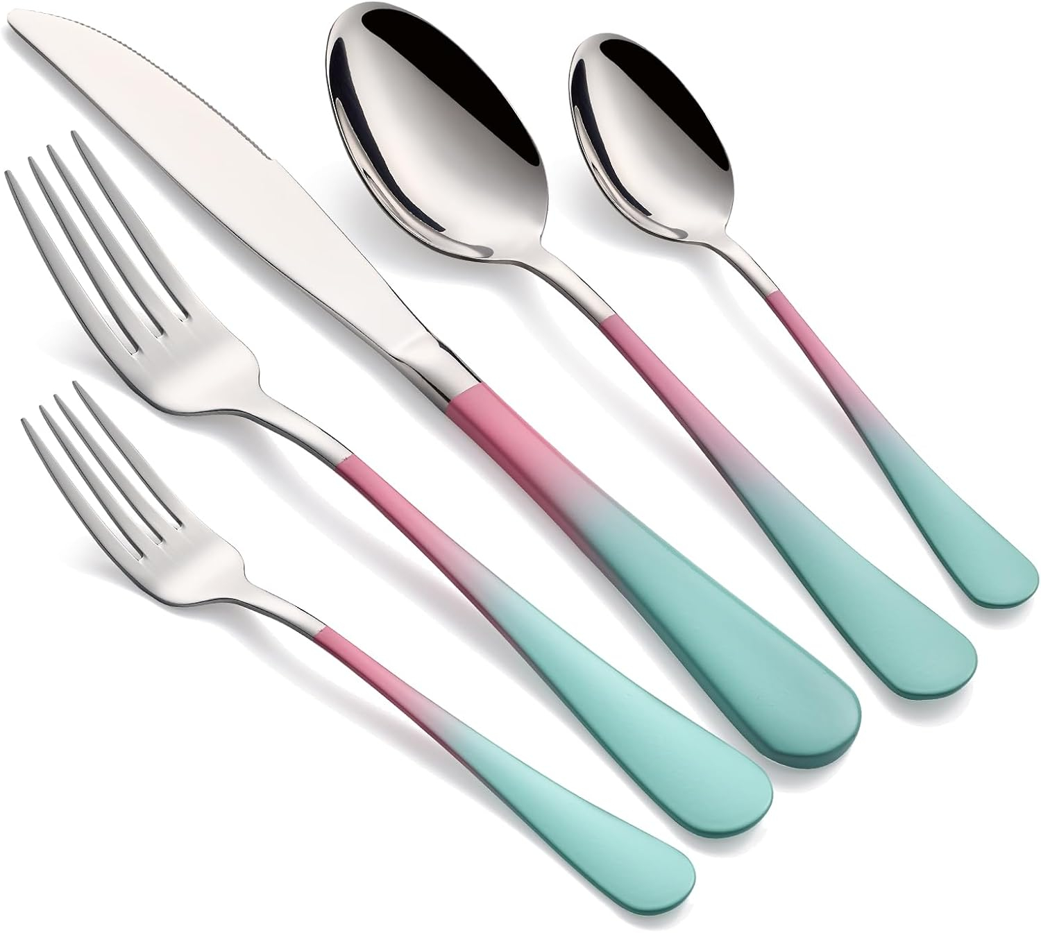 20-Pieces color Silverware Sets for 4,Pink and Green Handle Stainless Steel Cutlery Set, Include Forks Spoons and Knives Set, Dishwasher Safe Utensil Sets for Home Restaurant