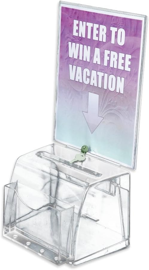 Azar Displays 206009 Clear Medium Molded Lottery Box with Pocket, Lock and Key