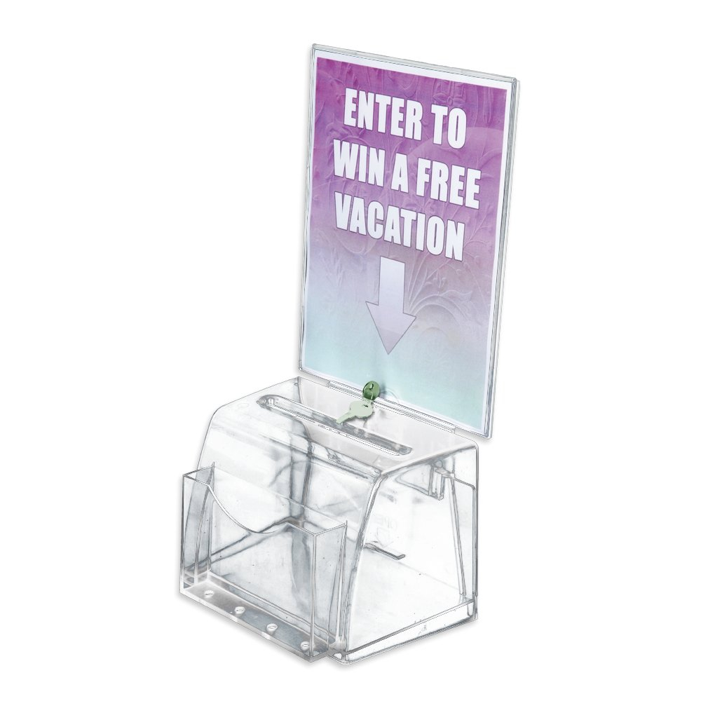 Azar Displays 206009 Clear Medium Molded Lottery Box with Pocket, Lock and Key