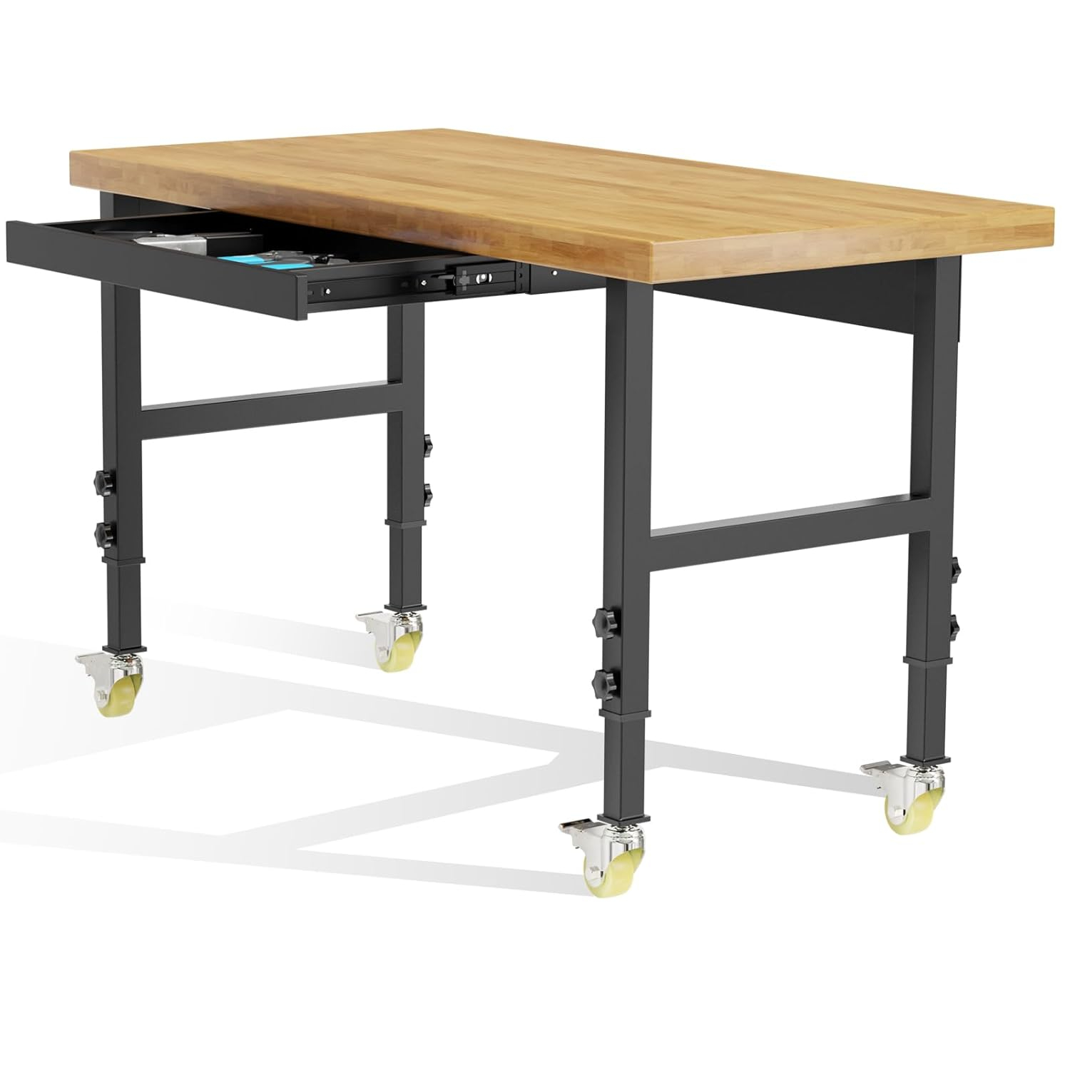 48” Heavy-Duty Solid Wood Work Bench Work Table with Wheels, Adjustable Height Portable Workbench with Power Outlets, 3000 Lbs Capacity Workstation for Garage, Workshop, Office, Shop, Outdoor