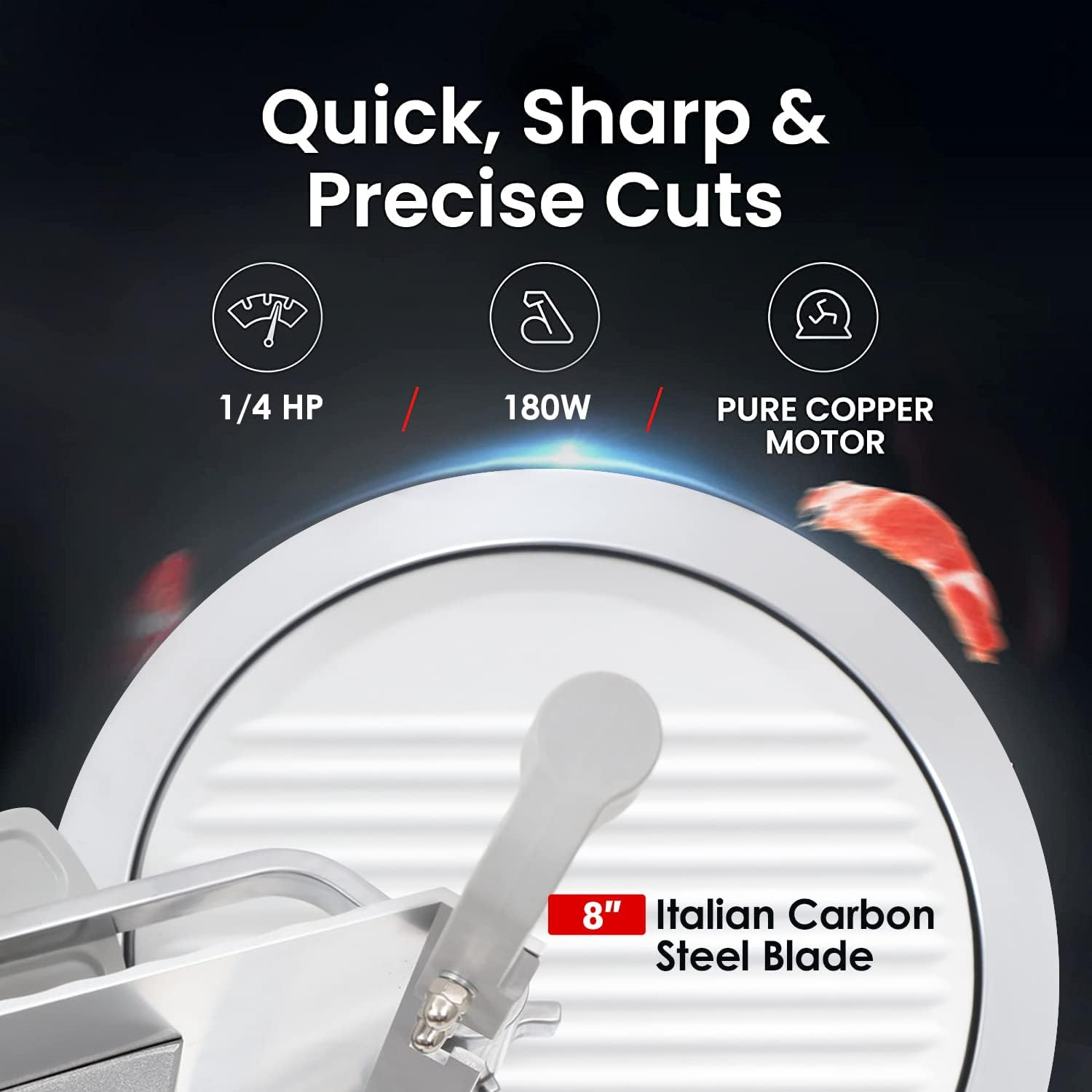Toogood 8" Commercial Slicer 180w, 1/4 HP Electric Meat Slicer, Italian Carbon Steel Blade, Quiet Performance, Semi-frozen Meat/Cheese/Food Slicer, 0.5mm to 15mm Adjustable Slicing Thickness