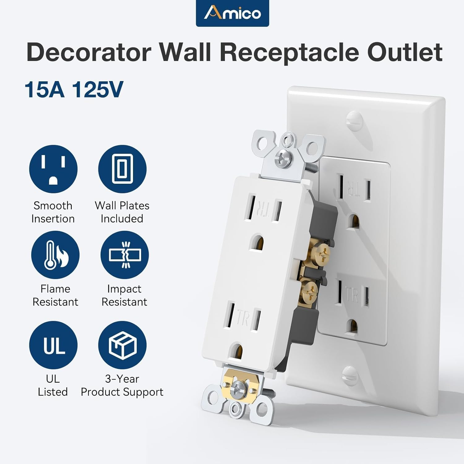 Amico 50 Pack Wall Outlet, 15 Amp Outlets, UL Listed, Tamper Resistant Standard Electrical Outlet, Decorator Receptacle with Wall Plate, Suitable for Home and Business, 125V/1875W, White