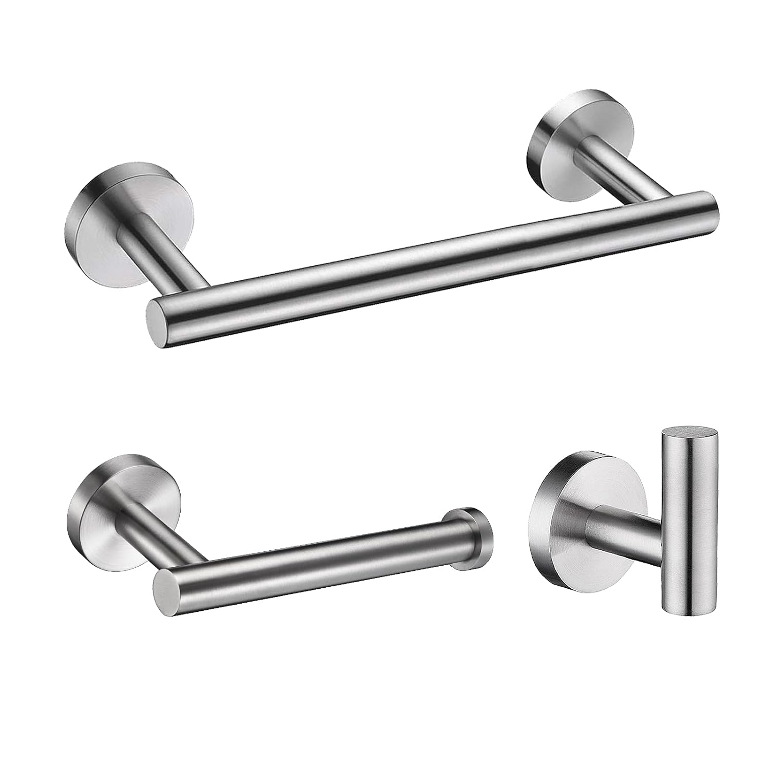 Nolimas 3-Pieces Set Brushed Nickel Bathroom Hardware SUS304 Stainless Steel Round Wall Mounted - Includes 12" Hand Towel Bar, Toilet Paper Holder, Robe Towel Hooks,Bathroom Accessories Kit