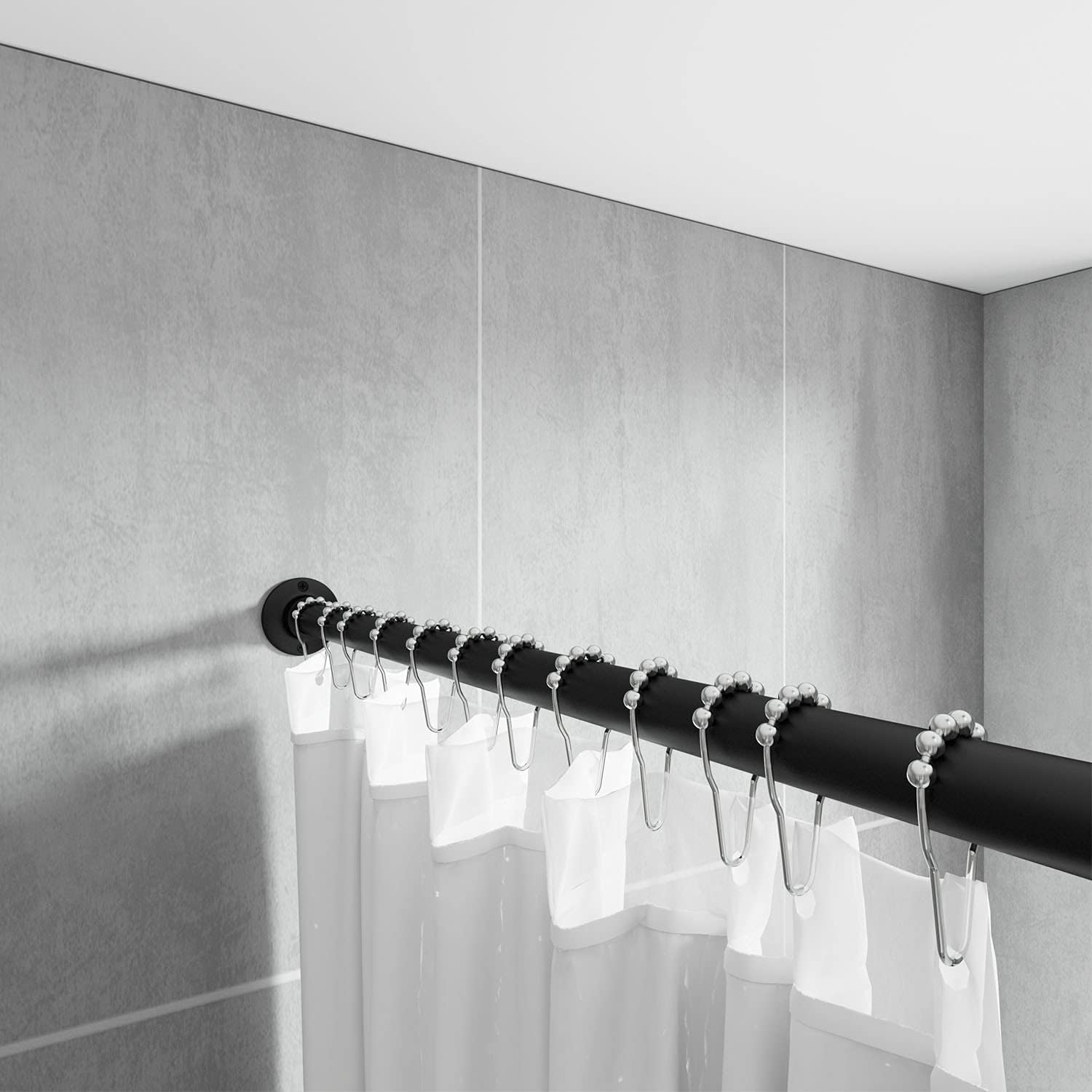 Naiture Straight Shower Curtain Rod Round Flanges, Zinc Alloy, Set of 2, Black Finish