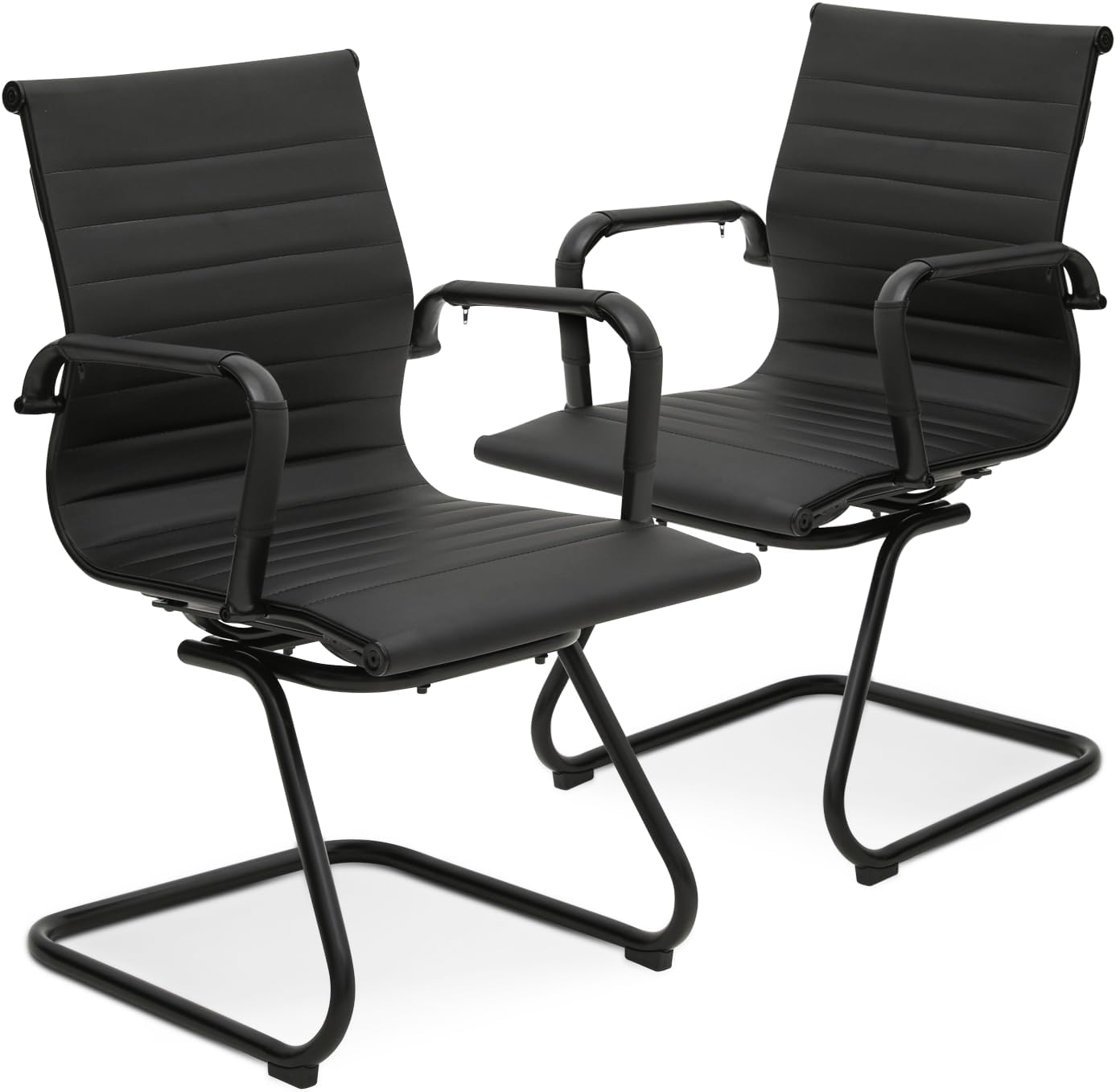 Guyou Modern Mid Back Office Guest Chair Set of 2, Faux Leather Reception Chair Computer Chair with Armrests and Metal Sled Base for Meeting/Waiting/Conference Room, No Wheels, Black