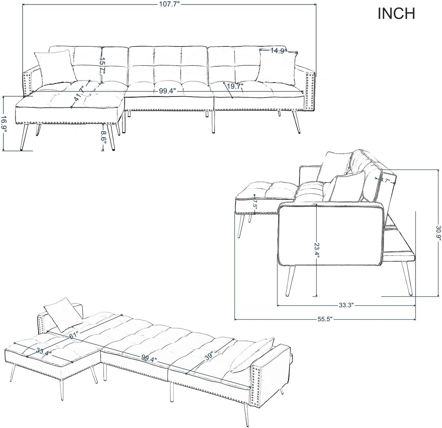 Eafurn Velvet Upholstery Convertible Sleeper Sofa Bed with Reversible Chaise,L Shaped Sectional Couch w/Reclining Backrest and 2 Pillows,Comfy Corner Sofa & Coues for Living Room Furniture Sets