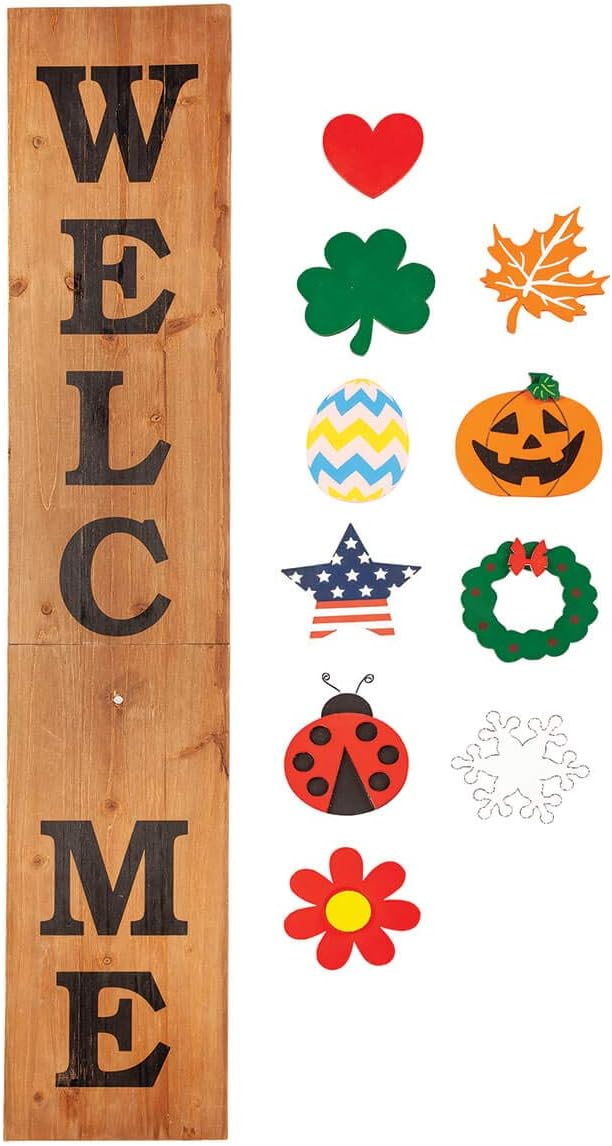 Fox Valley Traders Folding Wooden Welcome Sign, Including 10 Interchangeable Holiday Shapes with Magnets