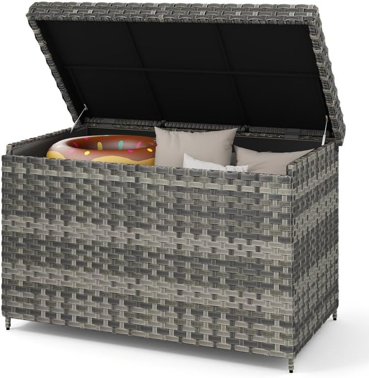 DWVO 170 Gallon Outdoor Storage Box, Weatherproof Wicker Deck Box, XL Outside Storage Container for Patio Furniture, Cushions, Pool Storage and Garden Tools (Black)
