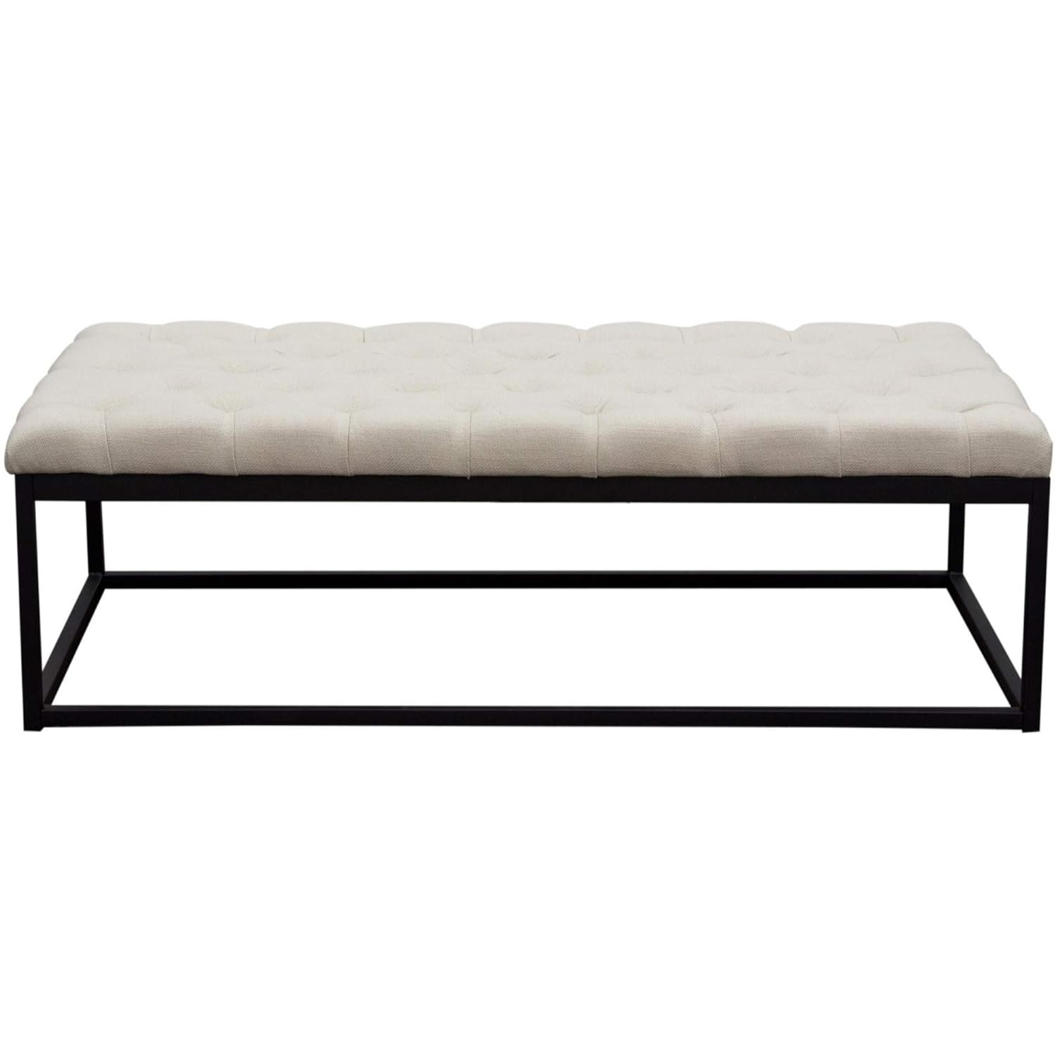 Large Beige Linen Upholstered Bench with Black Metal Base