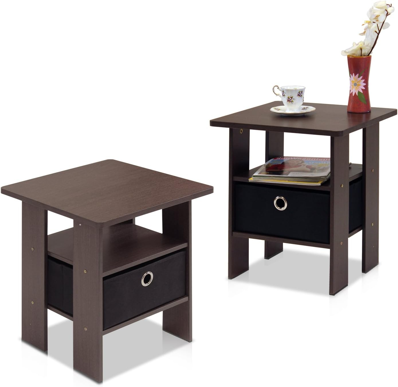 Furinno Andrey End Table Nightstand with Bin Drawer Set of 2, Multiple Colors