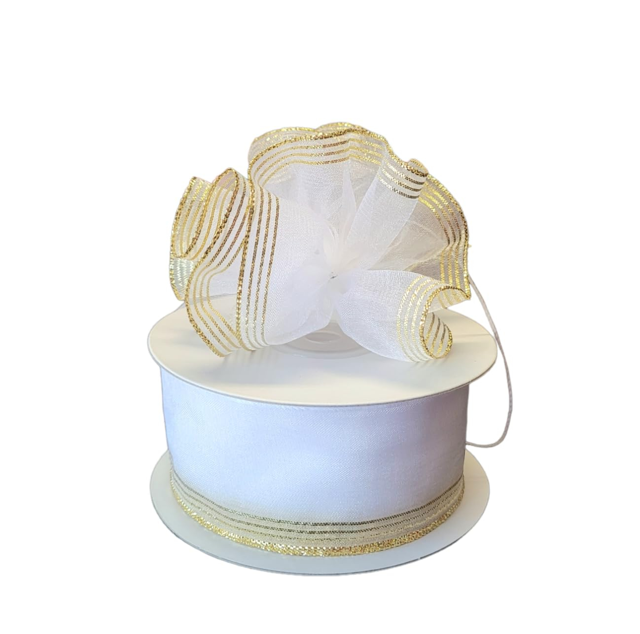 1-1/2" Sheer Organza Ruffle Type Wide String Capia Pull Bow Ribbon 25Yards Gift Wrapping Favor Decorating (White with Gold Edge)