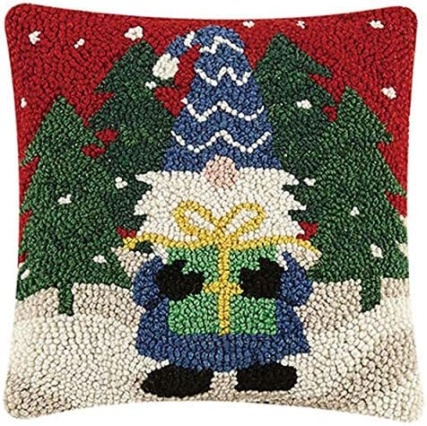 Peking Handicraft Holiday Gnome Mini Hooked Wool Pillow - 10" x 10"