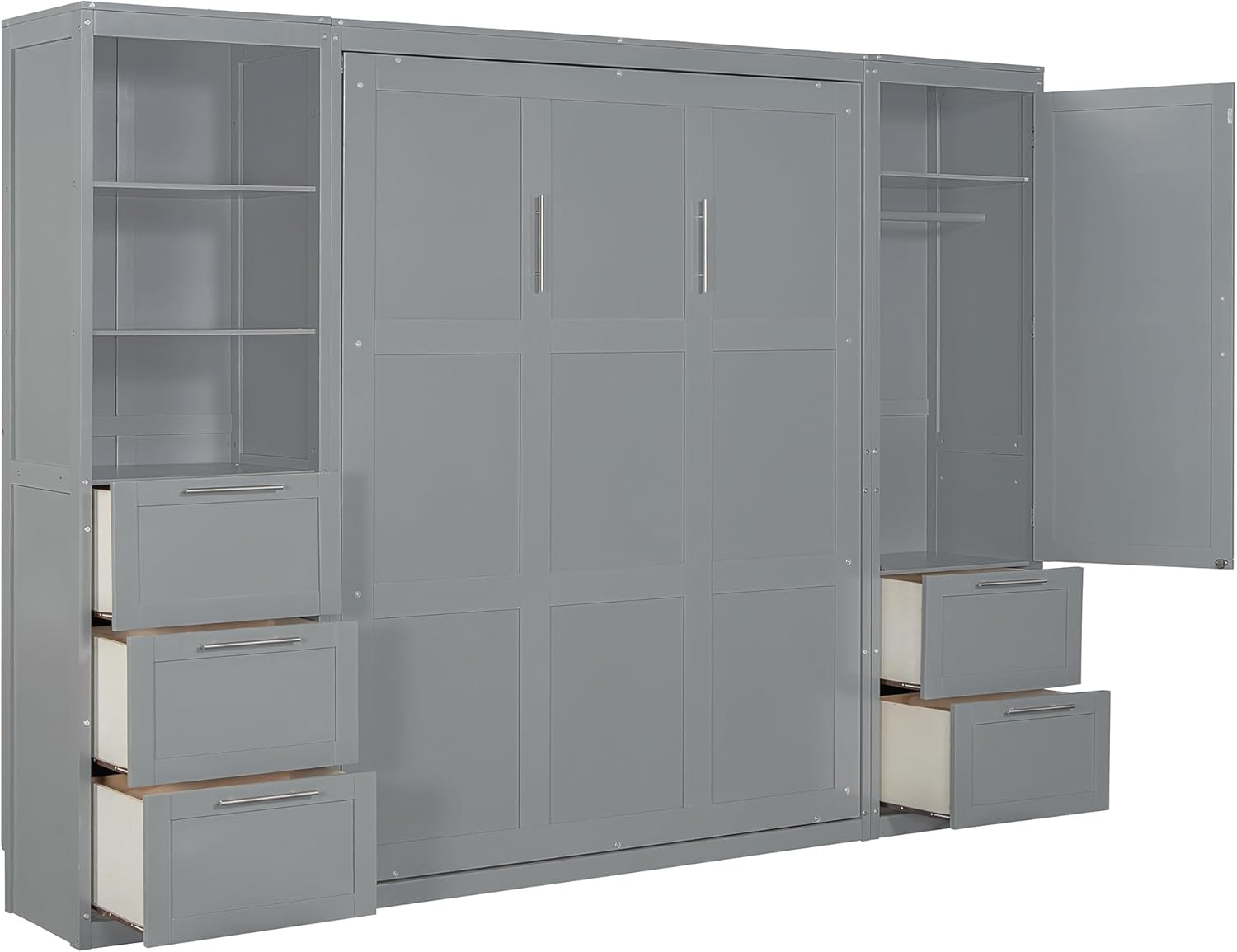Merax Queen Size Murphy Bed, Wooden Wall Bed with Drawers, Closet and Shelves, Gray