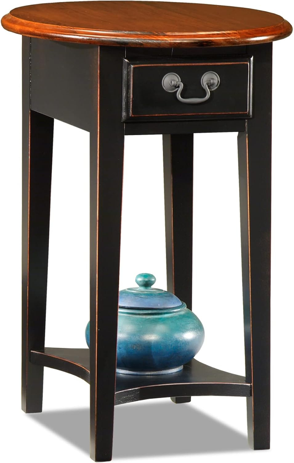Leick Home 9042-SL One Drawer Oval Side Table with Shelf, Medium Oak and Slate Black