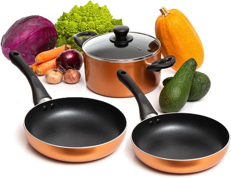 Moss & Stone 4 Peice Pots & Pans Set Nonstick Cookware Set, Aluminum Pots and Pans, Copper Pots and Pans Set with Glass Lid, Dishwasher Safe, Cooking Set