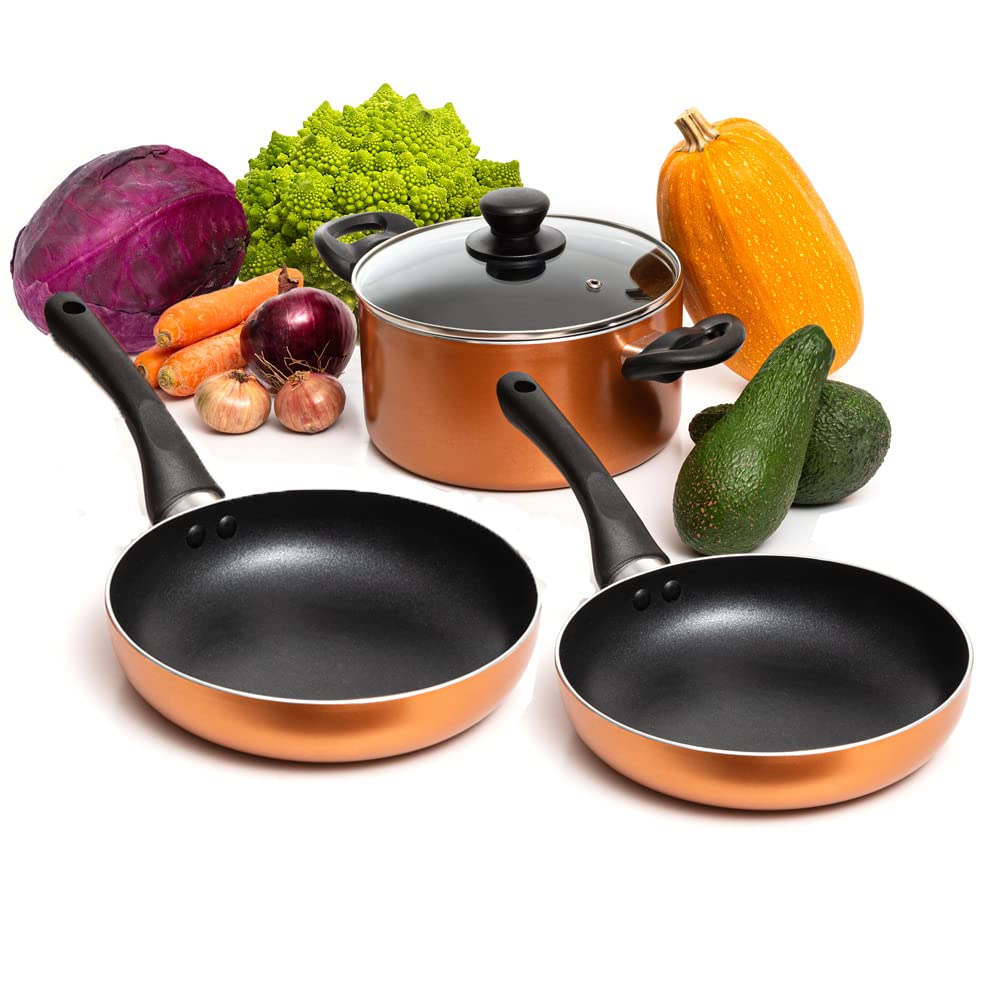 Moss & Stone 4 Peice Pots & Pans Set Nonstick Cookware Set, Aluminum Pots and Pans, Copper Pots and Pans Set with Glass Lid, Dishwasher Safe, Cooking Set