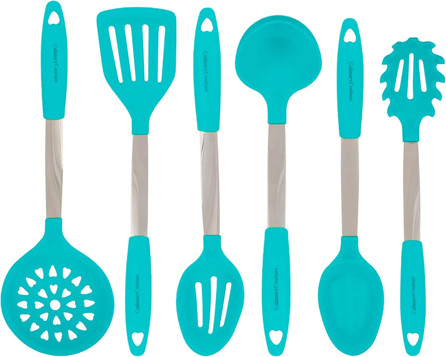 Culinary Couture Kitchen Utensils Set Cooking Essentials Silicone & Stainless Steel Set of 6 Turquoise