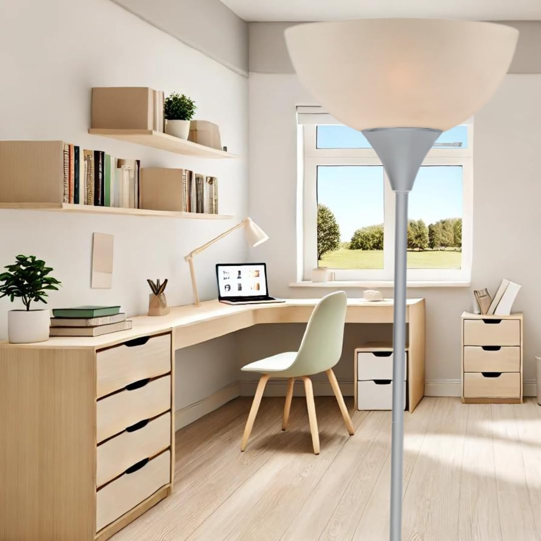 LIGHTACCENTS Stand Up Floor Lamp in Silver- Modern Corner Light with White Opal Bowl Shade - Susan Design, Ideal for Living Room or Office, 72" Tall, 150-watt - Chic Living Room Floor Lamp Silver