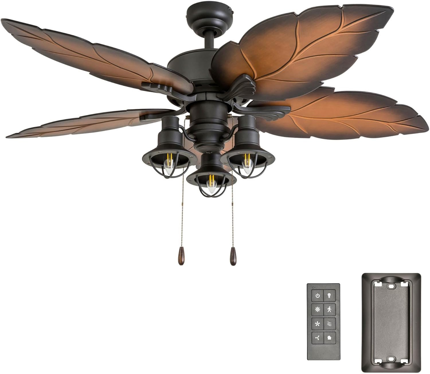 52" Bronze Tropical Ceiling Fan with Palm Leaf Blades and LED Light