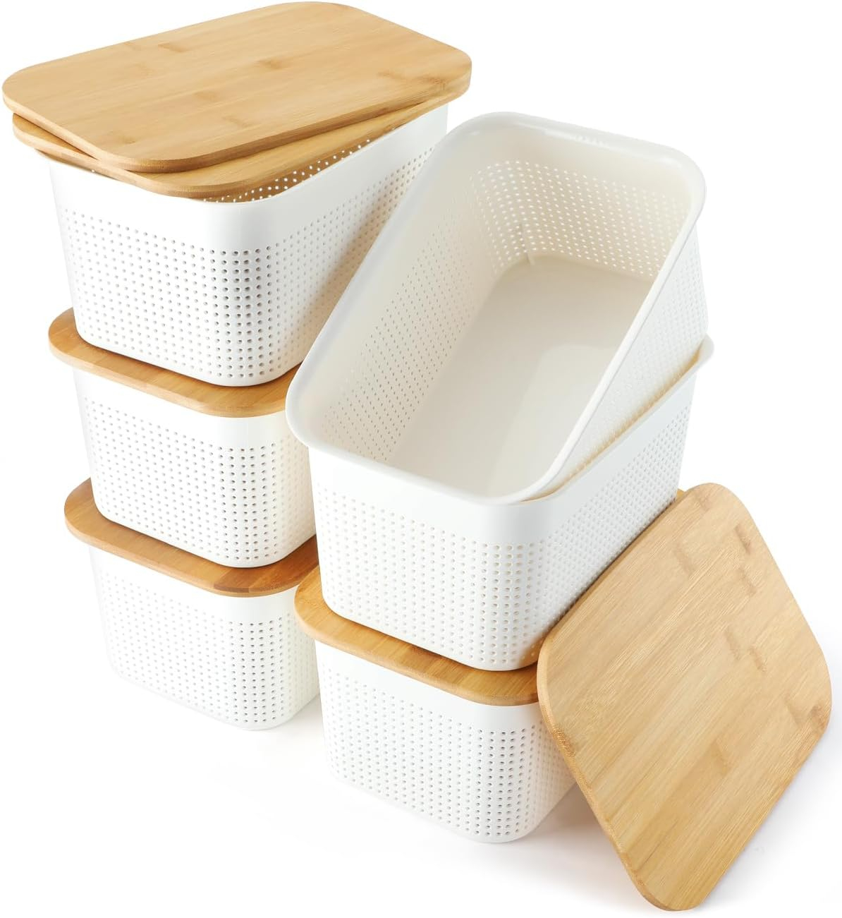 AREYZIN Plastic Storage Bins with Bamboo lids and Stackable Storage Baskets for Shelves Drawers Desktop Closet - Organize Your Home or Office with These Space-Saving Storage Solution,Black