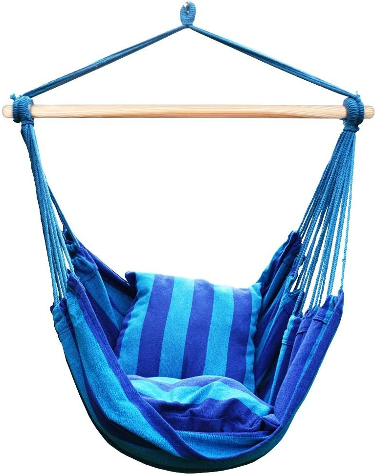 Blissun Hanging Hammock Chair, Hanging Swing Chair with Two Cushions, 34 Inch Wide Seat Blue & Green Stripes (Seaside Stripe)