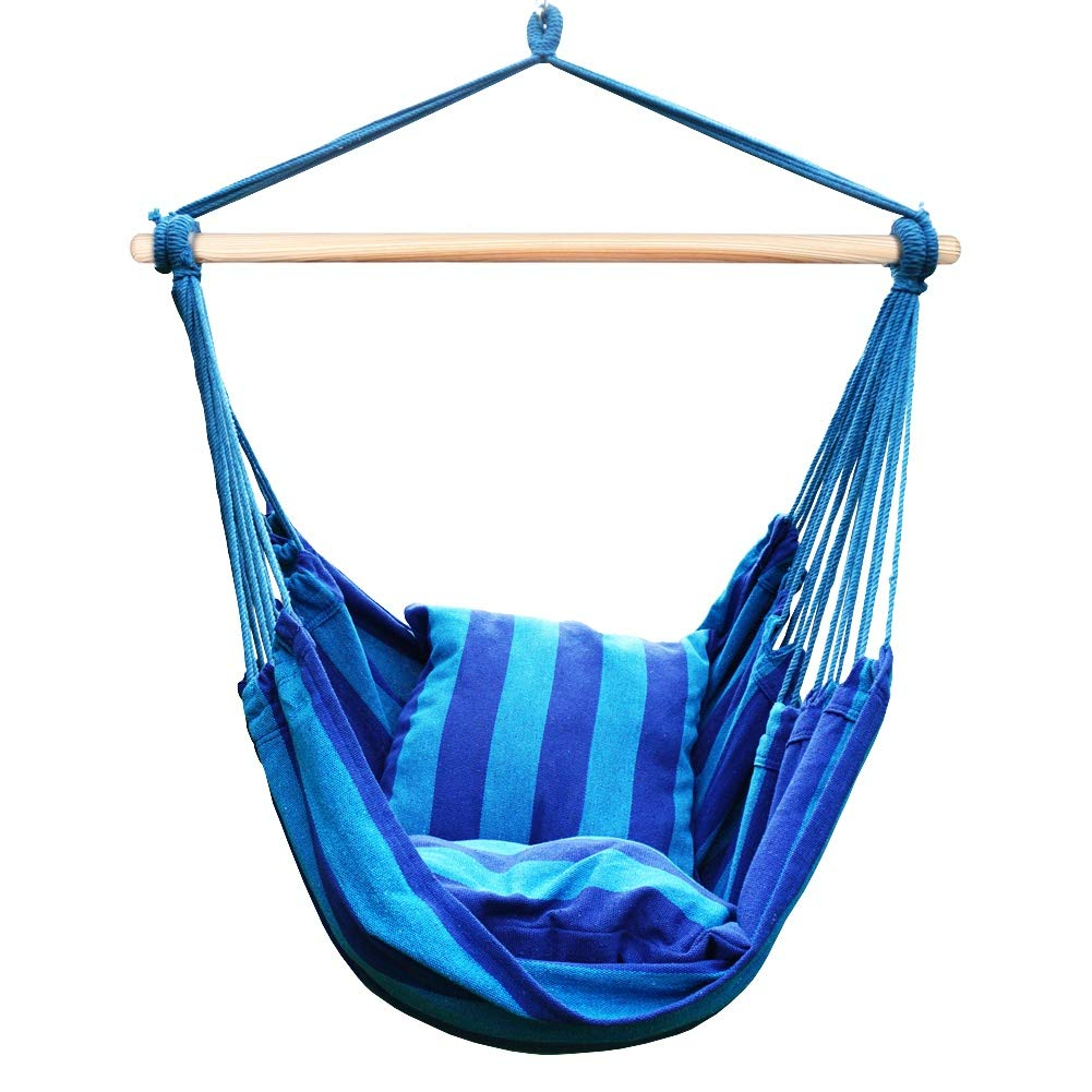 Blissun Hanging Hammock Chair, Hanging Swing Chair with Two Cushions, 34 Inch Wide Seat Blue & Green Stripes (Seaside Stripe)