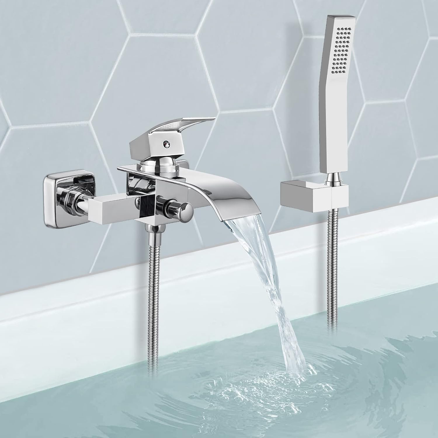 Midanya Wall Mount Bathtub Faucet with Handheld Spray Waterfall Tub Filler Single Handle Bathroom Tub Mixer Tap Hand-Shower System with Curved Spout Commercial,Brushed Nickel