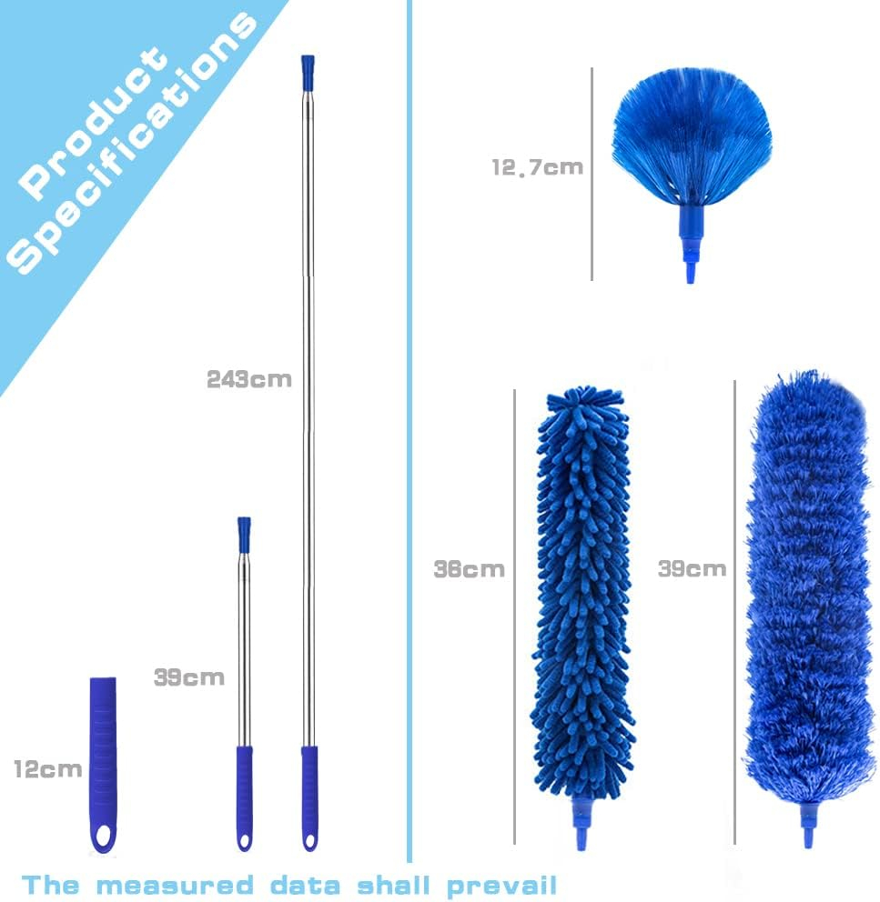 Microfibre Duster with 100" Telescopic Extension Pole Kit for High Ceilings, Cleaning Fan Cobweb, Reusable and Washable Lightweight for Ceiling Fan Webs, Blinds