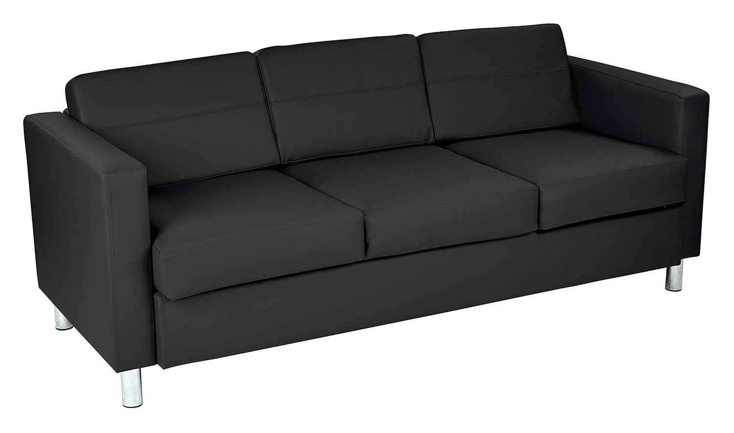 Modern Pacific Black Faux Leather Sofa with Silver Finish Legs