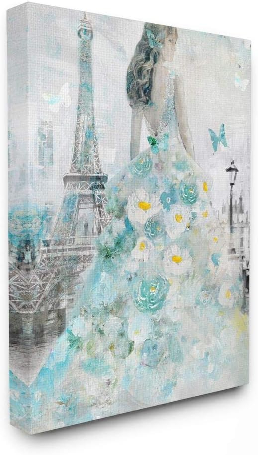 The Stupell Home Decor Collection Parisian Woman with Butterfly and Blue Floral Dress Painting Oversized Stretched Canvas Wall Art, 24 x 1.5 x 30