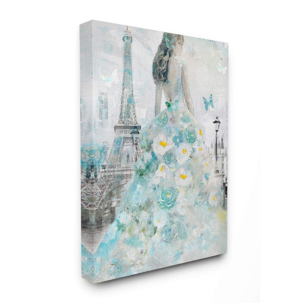 The Stupell Home Decor Collection Parisian Woman with Butterfly and Blue Floral Dress Painting Oversized Stretched Canvas Wall Art, 24 x 1.5 x 30