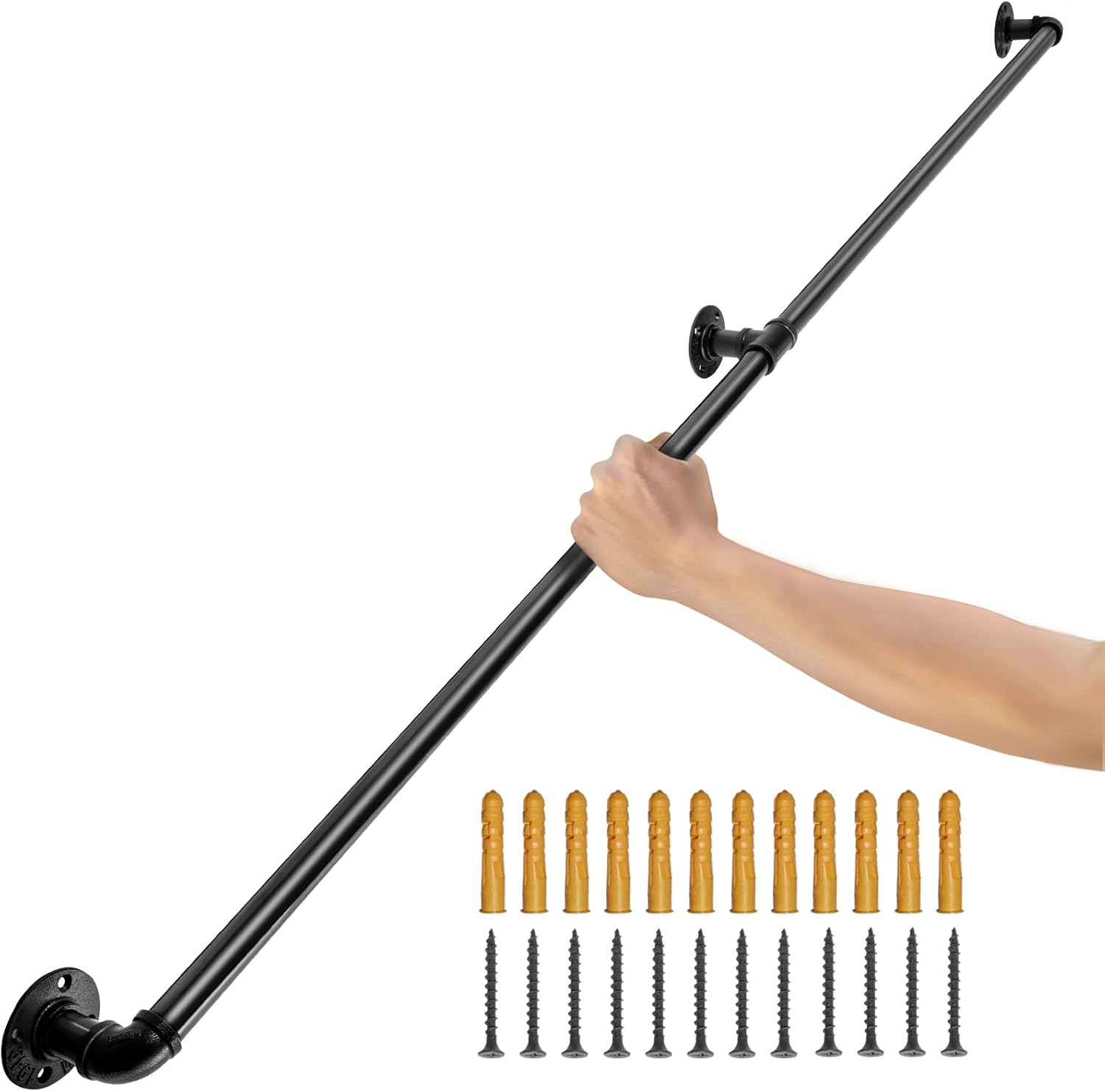 VEVOR Pipe Stair Handrail, 4FT Staircase Handrail, 440LBS Load Capacity Carbon Steel Pipe Handrail, Industrial Pipe Handrail with Wall Mount Support, Round Corner Wall Handrailings for Indoor, Outdoor