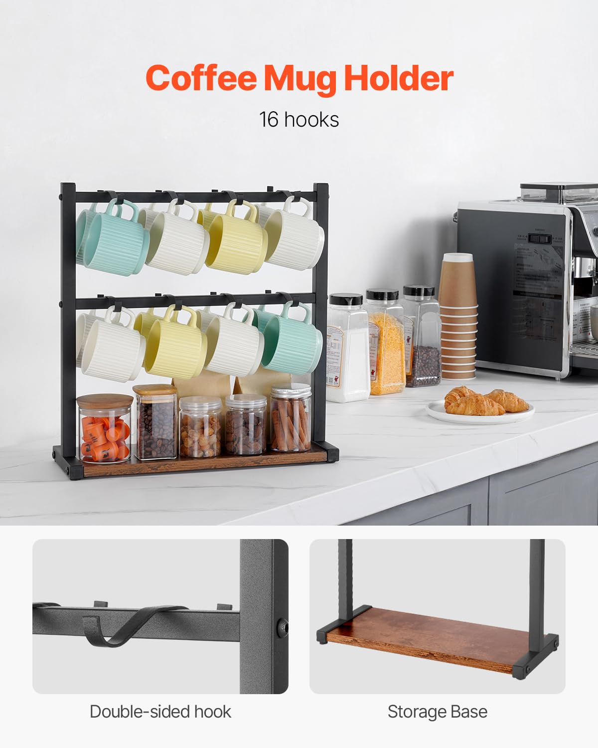 Coffee Mug Holder for Countertop, 16-Hooks Coffee Cup Holder with Storage Base, 2-Tier Mugs Tree Rack Carbon Steel