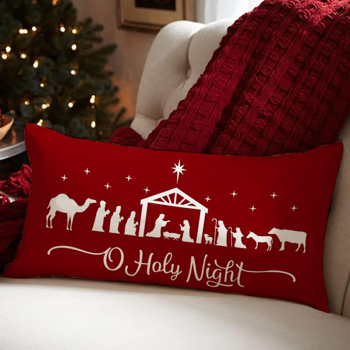 Christmas Pillow Covers 12x20,Merry Christmas Cross Joy Oh Holy Night Nativity Holiday Party Throw Pillow Cover Decorations Pillow Covers Farmhouse Pillows Decorative for Sofa Winter Home Decor