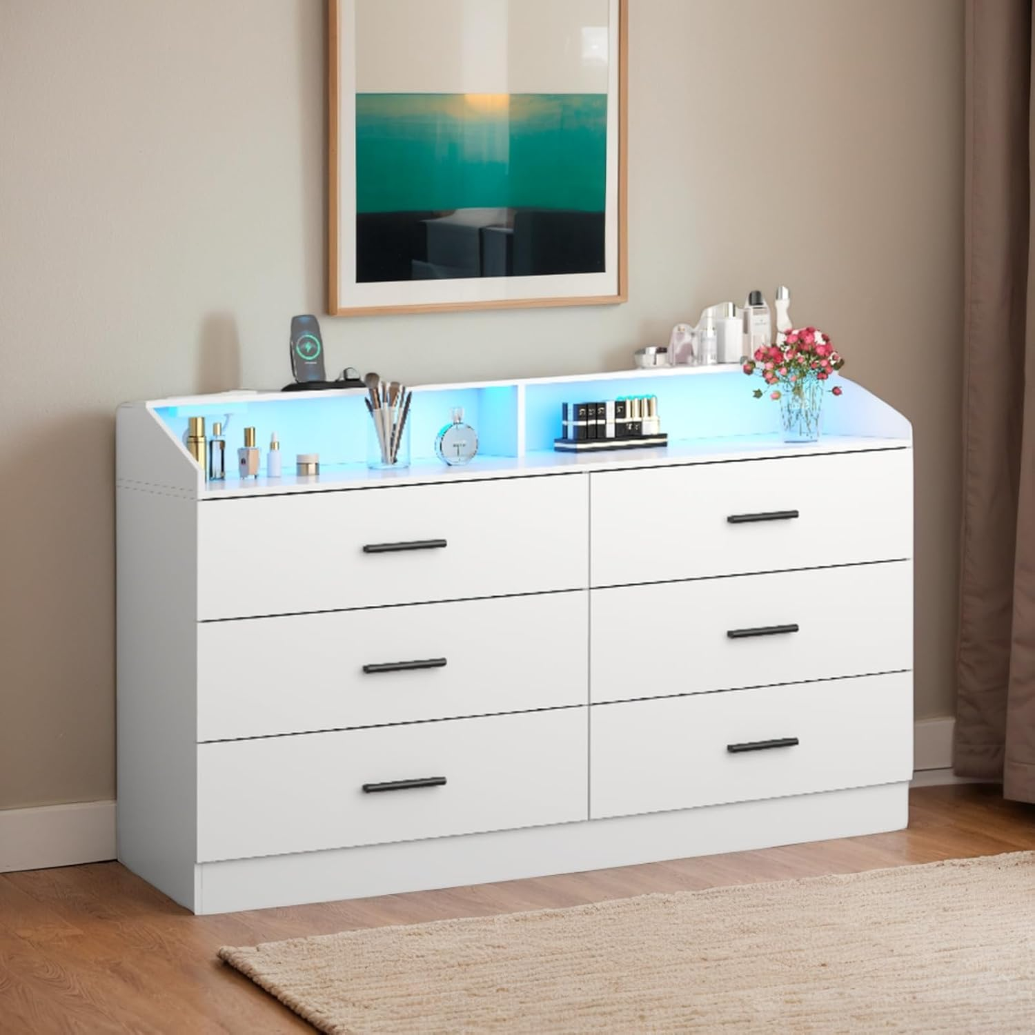 Gyfimoie 6 Drawers Dresser with Power Outlet, Chest of Drawers with LED Light, Modern Dresser with Open Storage Cubby, Double Wide Dresser Organizer for Bedroom, Living Room, Entryway, Hallway (Black)