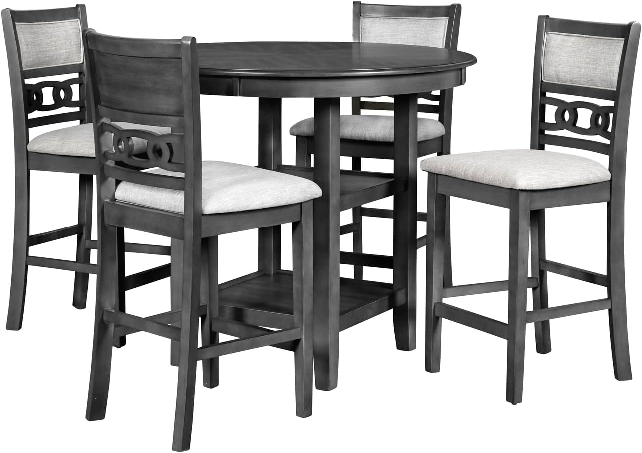 New Classic Furniture Gia 5-Piece Wood Round Counter Dining Set, 1 Counter Dining Table And 4 Chairs, 42 Inch, Gray