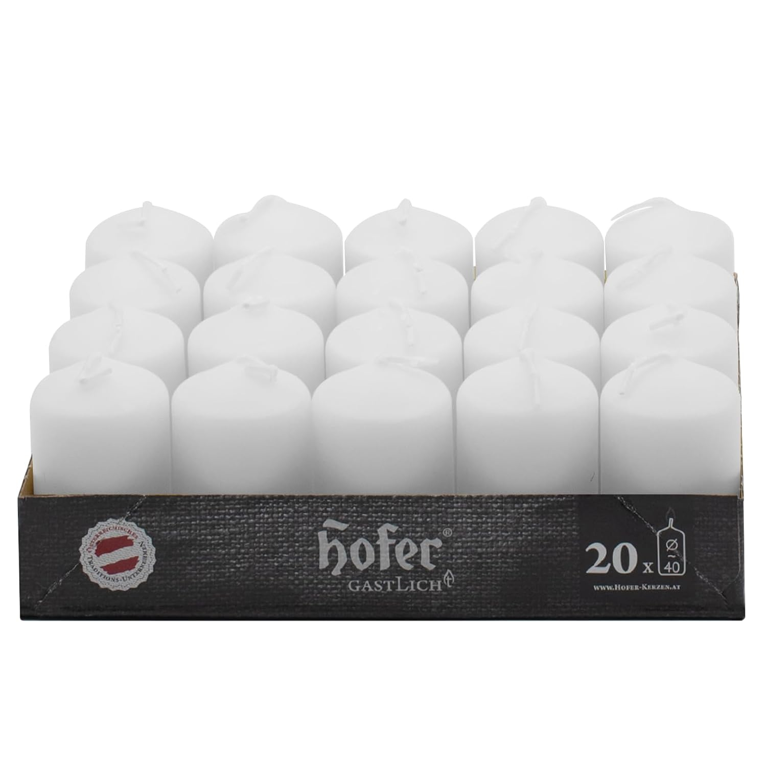 Hofer White Pillar Candles - Set of 20 Unscented Small Candles in Bulk - 1.57 x 2.76 Inch - 11 Hours Long Burning Decorative Candles - Dripless Wax - Smokeless Wick - RAL Quality - Made in Austria