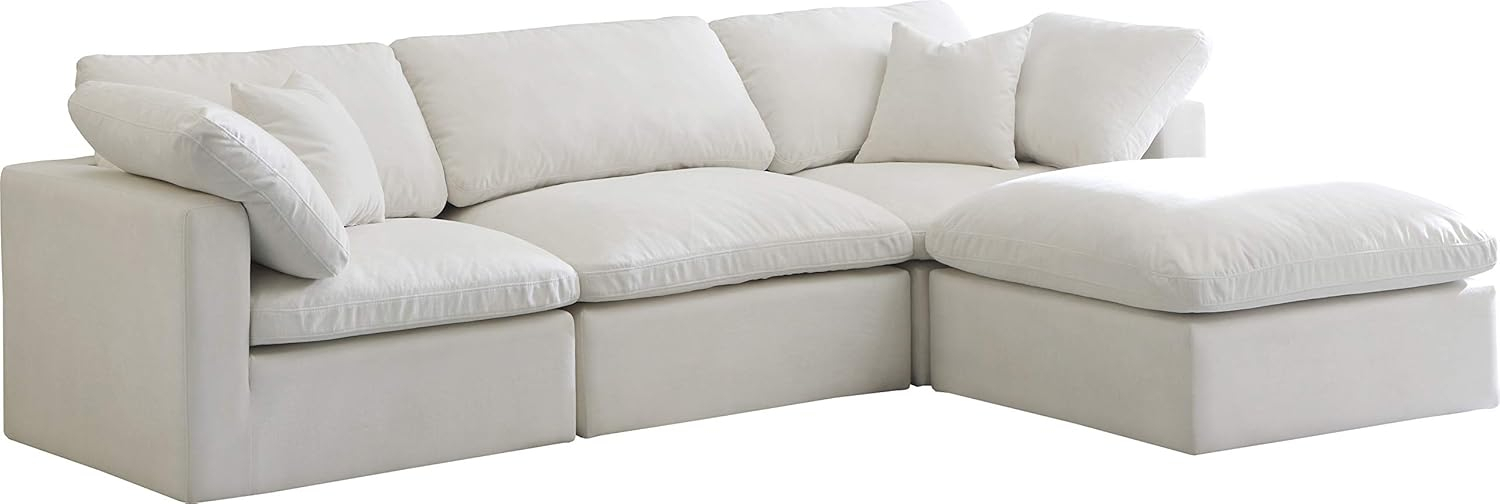 Meridian Furniture 602Cream-Sec4A Plush Collection Contemporary Down Filled Comfort Overstuffed Velvet Upholstered Modular L-Shaped Sectional 3-Seater and 1 Ottoman Cream