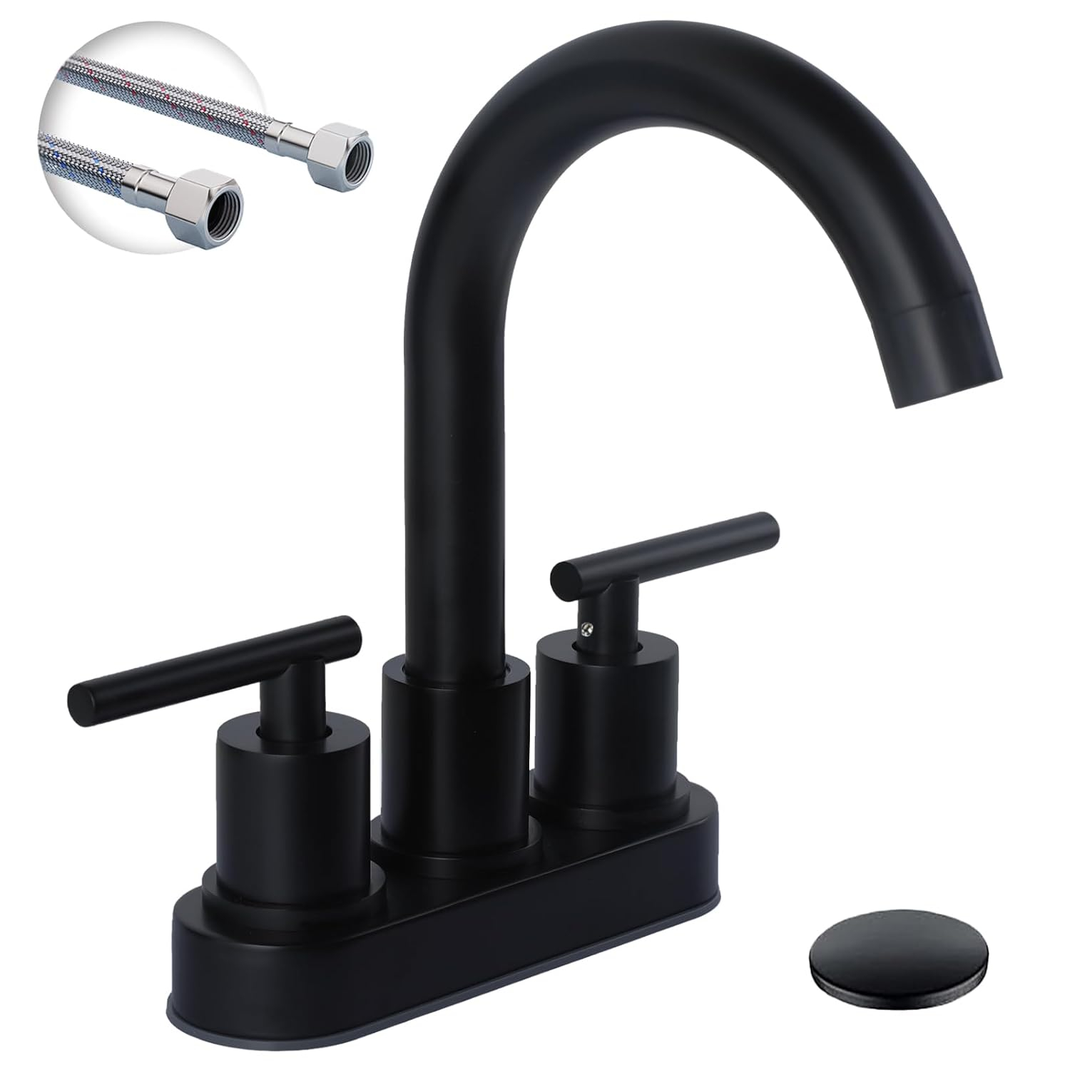 Brushed Nickel Bathroom Faucet, 2-Handle Lead-Free 360° Swivel High-Arc Spout 4 Inch Centerset Bath Lavatory Vanity Sink Faucets Set for Sinks with Drain & Water Hoses, VABM80008L