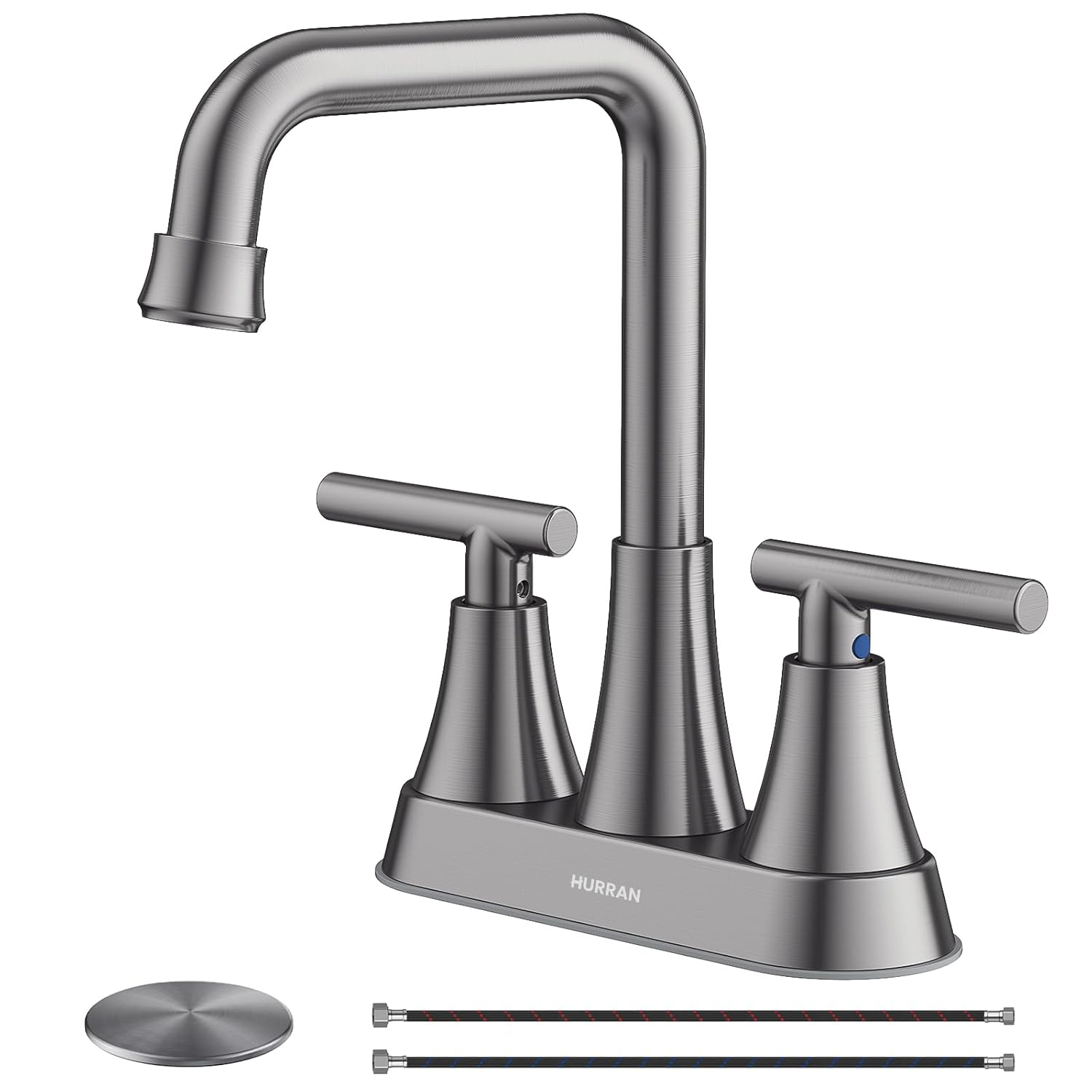 4 Inch Bathroom Faucets for Sink 3 Hole, Faucet for Bathroom Sink with Pop-up Drain & Supply Hoses, 2-Handle 360 Swivel Spout Stainless Steel Lead-Free, Centerset Faucet for Vanity Lavatory