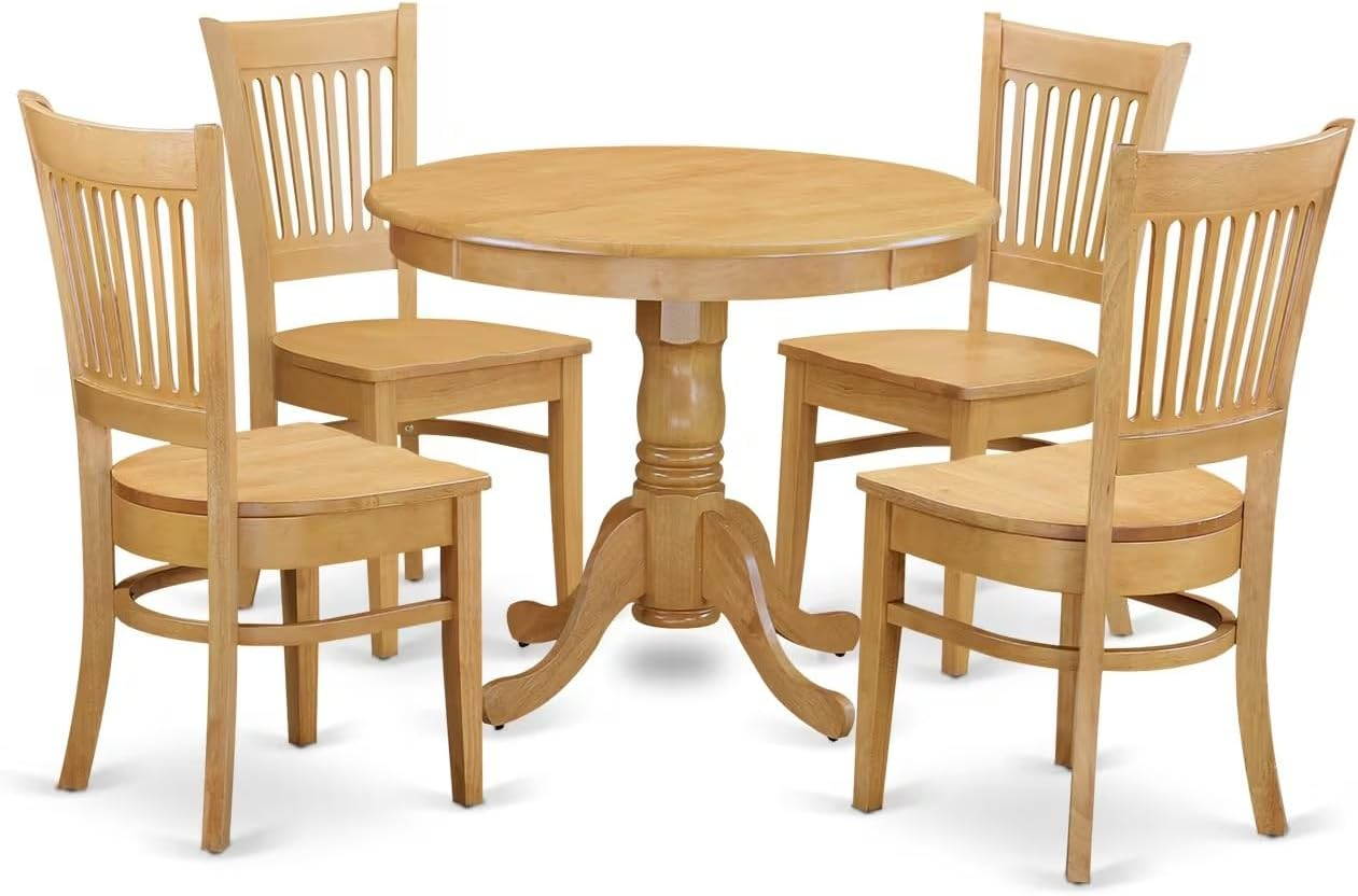 Natural Oak Finish Round Dining Table with 4 High Back Chairs