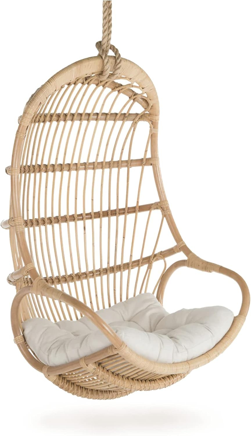 KOUBOO Hanging Rattan Swing Chair with Seat Cushion, Handwoven Natural Rattan Chair, Coastal Home Decor Furniture for Bedroom, Living Room, & Sun Room, Natural