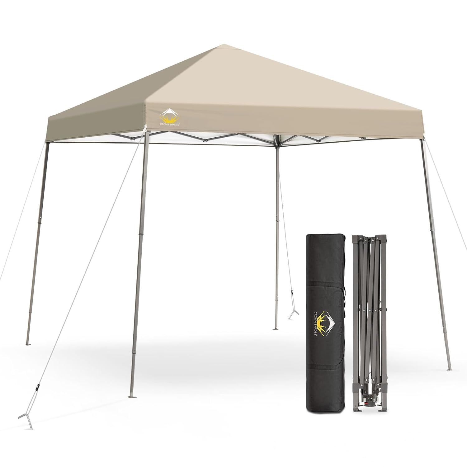 CROWN SHADES 6.5x6.5 Pop up Canopy Tent, Slant Leg Pop Up Beach Tent, 3 Height, Base 8x8 ft, Top 6.5x6.5 ft, Outdoor Canopy with Carry Bag, Beige